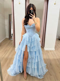 Attractive Ball Gown Basque Waist Corset Ruffle Blue Slit Prom Dresses HZ0311