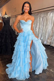 Attractive Ball Gown Basque Waist Corset Ruffle Blue Slit Prom Dresses HZ0311