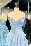 Attractive Ball Gown Basque Waist Corset Ruffle Blue Slit Prom Dresses HZ0311