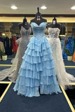 Attractive Ball Gown Basque Waist Corset Ruffle Blue Slit Prom Dresses HZ0311