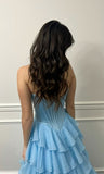 Attractive Ball Gown Basque Waist Corset Ruffle Blue Slit Prom Dresses HZ0311