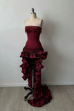 Modest High Low Strapless Burgundy Satin Prom Dresses With Beads Evening Party Formal Gown 18th Birthday Gowns HZ0311