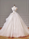 Princess Long Wedding Gowns Ball Gown Off The Shoulder Short Sleeves Pleated Tulle for Bride With Flower Train White Bridal Dress HZ0311