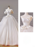 Princess Long Wedding Gowns Ball Gown Off The Shoulder Short Sleeves Pleated Tulle for Bride With Flower Train White Bridal Dress HZ0311