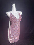 Vintage Sheath Spaghetti Strap Pink Sequin Hoco Gowns Short 16th Birthday Dress Homecoming Dresses Cocktail Gown HZ0311