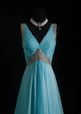 Vintage Prom Dresses 90s Formal A line V Neck Blue Chiffon Long Party Gowns Prom Dresses HZ0311
