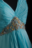 Vintage Prom Dresses 90s Formal A line V Neck Blue Chiffon Long Party Gowns Prom Dresses HZ0311