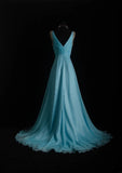 Vintage Prom Dresses 90s Formal A line V Neck Blue Chiffon Long Party Gowns Prom Dresses HZ0311