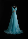 Vintage Prom Dresses 90s Formal A line V Neck Blue Chiffon Long Party Gowns Prom Dresses HZ0311