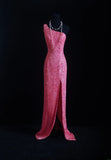 Vintage Prom Dresses 90s Formal Sheath One Shoulder Pink Sequins Long Party Gowns Prom Dresses HZ0311