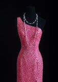 Vintage Prom Dresses 90s Formal Sheath One Shoulder Pink Sequins Long Party Gowns Prom Dresses HZ0311