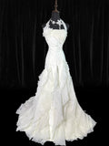 Timeless Women's Mermaid Halter Sleeveless White Satin Chiffon Tiered Pleated With Lace Long Vintage Corset Fitted 1920s Wedding Dresses HZ0311