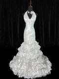 Timeless Women's Mermaid Halter Sleeveless White Taffeta Tiered Pleated With Beads Long Vintage Fitted 1920s Wedding Dresses HZ0311