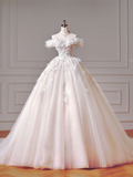 Princess Long Wedding Gowns Ball Gown Off The Shoulder Tulle For Bride With Short Sleeves Lace Bodice Bridal Dress HZ0311