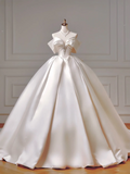 Princess Long Wedding Gowns Ball Gown Off The Shoulder Satin For Bride With Short Sleeves Bridal Dresses HZ0311