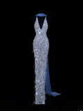 Affordable Sequin 1950s Formal Mermaid V Neck Halter Blue With Beads Style Impress Long Prom Dresses Party Formal Gowns HZ0311