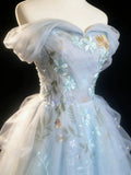 Vintage 90s A Line Off The Shoulder Light Sky Blue Floral Tulle For Women Long Prom Dresses 21st Birthday Outfits HZ0311