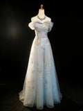 Vintage 90s A Line Off The Shoulder Light Sky Blue Floral Tulle For Women Long Prom Dresses 21st Birthday Outfits HZ0311