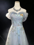 Vintage 90s A Line Off The Shoulder Light Sky Blue Floral Tulle For Women Long Prom Dresses 21st Birthday Outfits HZ0311