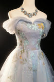Vintage 90s A Line Off The Shoulder Light Sky Blue Floral Tulle For Women Long Prom Dresses 21st Birthday Outfits HZ0311