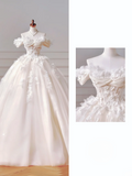 Princess Long Wedding Gowns Ball Gown Off The Shoulder Tulle For Bride With Short Sleeves Appliques Lace Bodice Bridal Dress HZ0311