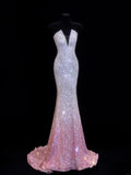Affordable Sequin 1950s Formal Mermaid Strapless Pink Ombre Sequins With Beads Style Impress Long Prom Dresses Party Gowns HZ0311