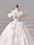 Princess Long Wedding Gowns Ball Gown Off The Shoulder Tulle For Bride With Short Sleeves Appliques Lace Bodice Bridal Dress HZ0311