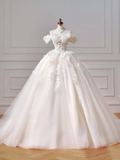 Princess Long Wedding Gowns Ball Gown Off The Shoulder Tulle For Bride With Short Sleeves Appliques Lace Bodice Bridal Dress HZ0311