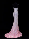 Affordable Sequin 1950s Formal Mermaid Strapless Pink Ombre Sequins With Beads Style Impress Long Prom Dresses Party Gowns HZ0311