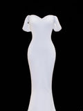 Wedding Gowns Dresses Elegant Modest for Bride Mermaid Off The Shoulder With Sleeves Satin White Petite/Plus Size Bridal Gown For Women HZ0311