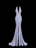 Affordable Sequin 1950s Formal Mermaid V Neck Sequins Slit With Beads Style Impress Long Prom Dresses Party Gowns HZ0311