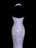 Affordable Sequin 1950s Formal Mermaid V Neck Sequins Slit With Beads Style Impress Long Prom Dresses Party Gowns HZ0311