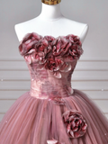 Modest Senior Prom Dresses High Schools Inspiration Ball Gown Strapless Floral Pink Semi Formal Grad Long Prom Dress HZ0311