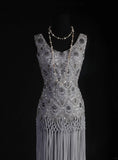 Vintage Sheath V Neck Lace Silver Gray Tassel Long Party Dress With Beads 1950s Retro Classy Birthday Dinner Prom Dress HZ0311