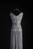 Vintage Sheath V Neck Lace Silver Gray Tassel Long Party Dress With Beads 1950s Retro Classy Birthday Dinner Prom Dress HZ0311