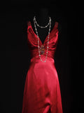 Vintage Sheath V Neck Backless Satin Red Party Dress With Beads 1950s Retro Classy Birthday Dinner Long Prom Dresses HZ0311