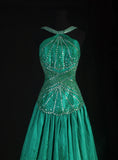Vintage A Line Halter Green Satin Party Dress With Beads 1950s Retro Classy Birthday Dinner Long Prom Dresses HZ0311