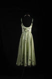 Vintage A line Spaghetti Strap Sage Green Tulle Tea Length Party Dress With Beads 1950s Retro Classy Birthday Dinner Prom Dresses HZ0311