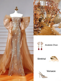Sparkly Mermaid Strapless Sequins With Beaded Short Sleeves Long Formal Fancy Prom Evening Dress Dinner Outfits Party Gowns HZ0311