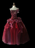 Unique Ball Gown Spaghetti Strap Burgundy Tulle With Beads Long Prom Quinceanera Dresses Sweet 15 16 Birthday Gown HZ0311