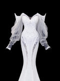 Elegant Women's Mermaid Off The Shoulder With Long Sleeves White Tulle Lace Long Wedding Gowns Dresses HZ0311