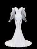 Elegant Women's Mermaid Off The Shoulder With Long Sleeves White Tulle Lace Long Wedding Gowns Dresses HZ0311