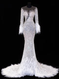 Elegant Women's Mermaid Scoop Neck With Long Sleeves White Tulle With Beadings Feather Long Wedding Gowns Dresses HZ0311