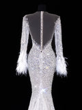 Elegant Women's Mermaid Scoop Neck With Long Sleeves White Tulle With Beadings Feather Long Wedding Gowns Dresses HZ0311