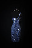Chic Sheath One Shoulder Navy Blue Sequins Knee Length 16th Birthday Dress Homecoming Dresses Cocktail Gown HZ0311