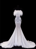Elegant Women's Mermaid Strapless With Feathers Appliques White Long Wedding Gowns Dresses HZ0311