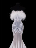 Elegant Women's Mermaid Strapless With Feathers Appliques White Long Wedding Gowns Dresses HZ0311