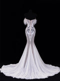Elegant Women's Mermaid Strapless With Feathers Appliques White Long Wedding Gowns Dresses HZ0311
