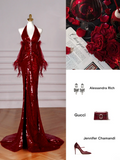 Glamour Mermaid Halter Burgundy Sequin Long Prom Dresses Party Dress Slit 20th Birthday Outfits Prom Gowns HZ0311