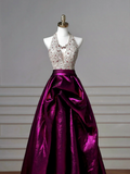 Glamour Ball Gown Halter Purple Satin Long Prom Dresses Party Dress 20th Birthday Outfits Prom Gowns HZ0311